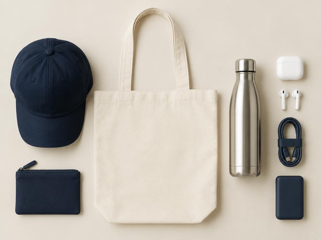 Cap, tote bag, bottle and accessories flat lay