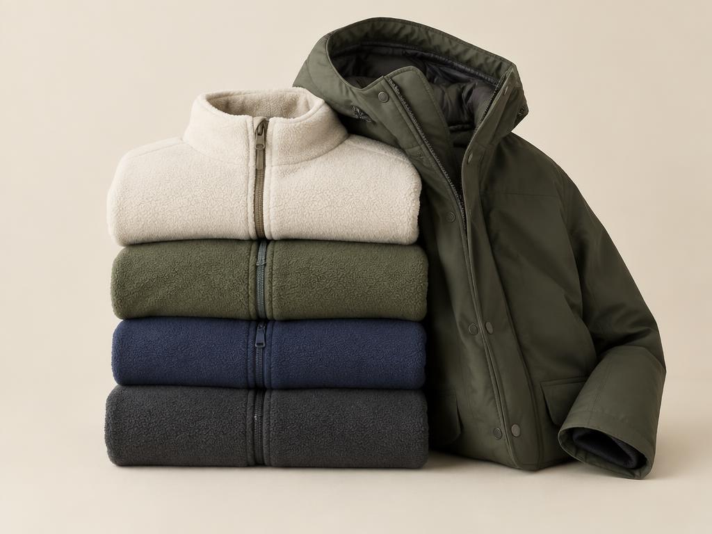 Folded fleece jackets and a parka